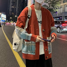 2022撞色针织衫提花毛衣外套男开衫慵懒风百搭宽松上衣M594-P54，男装针织衫/毛衣，星座512-2