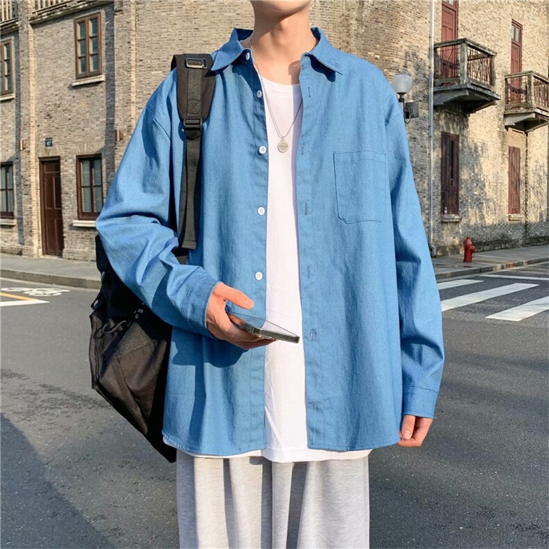 春秋新款牛仔布衬衫男长袖潮流港风日系休闲宽松衬衣W1769-P38,男装衬衫,星座512-4