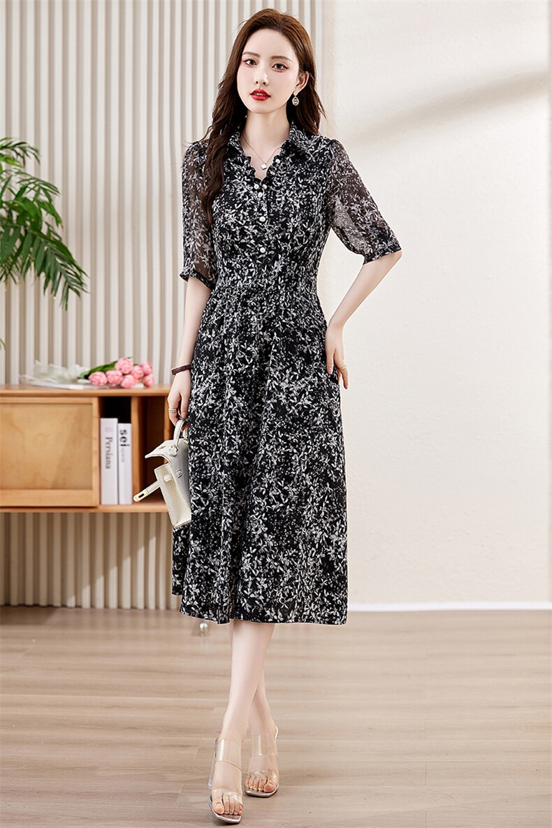 黑色碎花连衣裙女夏2025新款轻奢高级感时尚显瘦气质通勤洋气裙子,女装连衣裙,魅丽静蓝