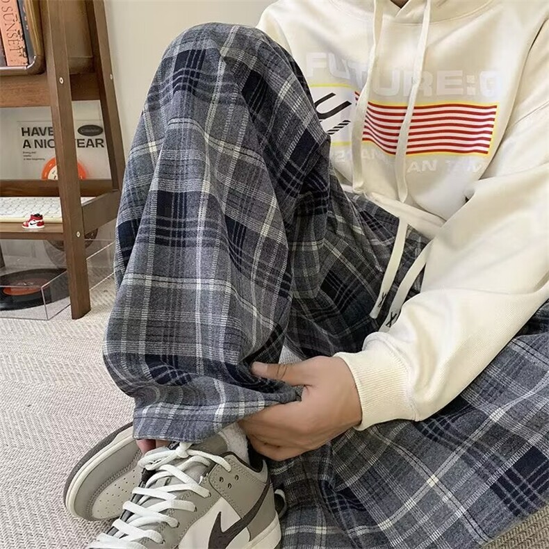 美拉德格子休闲裤男春秋复古潮牌加绒阔腿裤美式高街青少年运动裤,女装休闲裤,星座218-1（原230）
