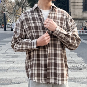 春季新款格子男女情侣款潮流宽松格纹衬衣图片