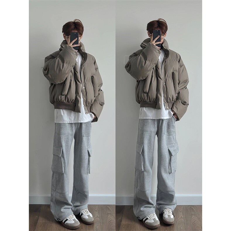 现货5W件冬季三防重磅硬挺boxy短款羽绒立领PU皮棉衣外套加厚棉服,男装棉衣,电商A486