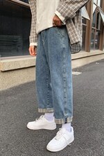 格子卷边搭扣牛仔裤男新款学院风情侣休闲老爹裤显瘦裤子，男装牛仔裤，星座302B