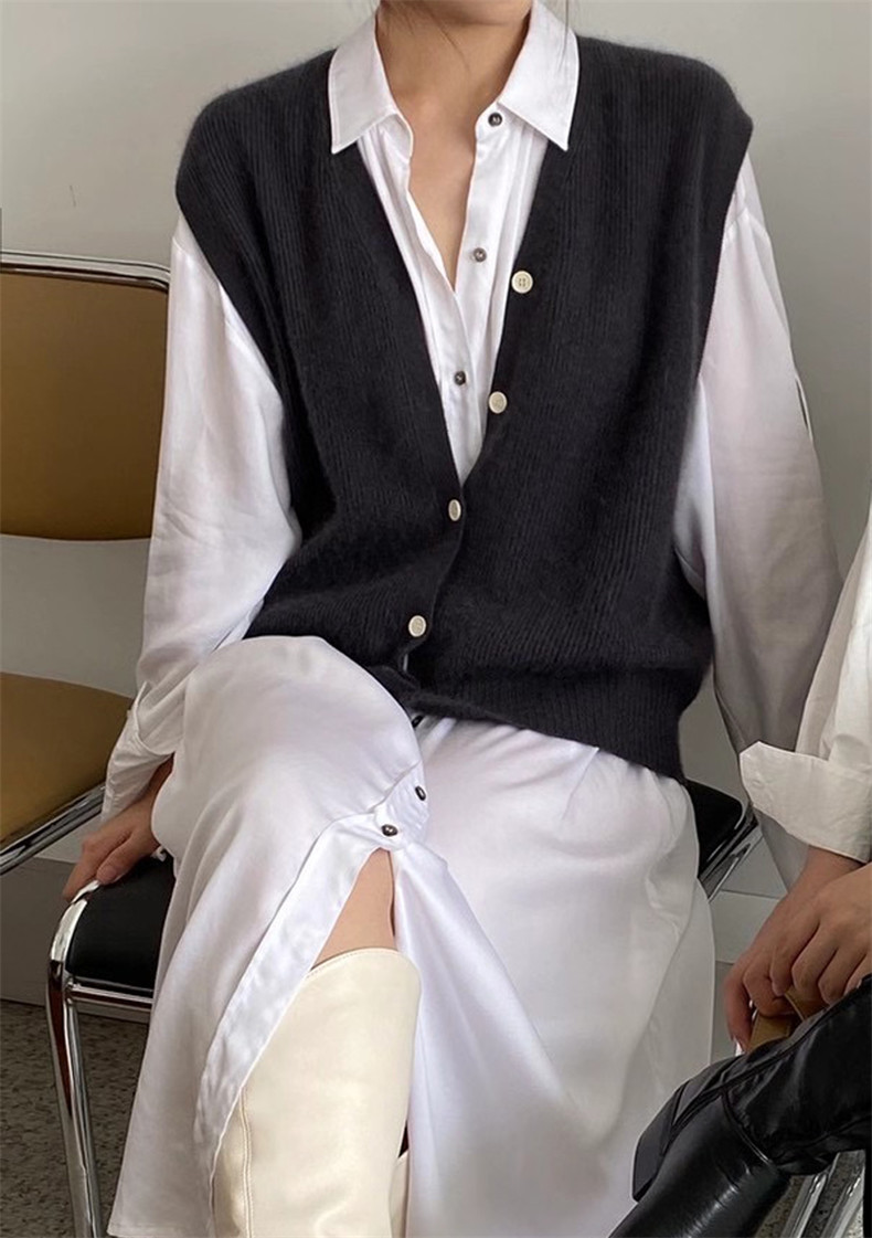 羊绒背心马甲针织开衫女v领宽松日系秋季叠穿羊毛坎肩马夹外搭,女装马甲,洁纯羊绒