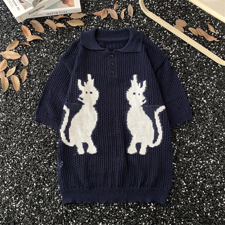 翻领Polo短袖针织衫T恤男镂空复古小猫提花撞色YP968P35，男装Polo衫，星座1013-1