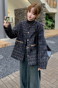 高级感法式小香风外套女2025春季新款名媛气质时尚粗花呢圆领上衣图片