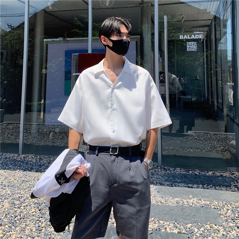 cleanfit纯色衬衫男夏季薄款潮牌设计感衬衣短袖冰丝速干开衫外套,男装T恤,电商A061