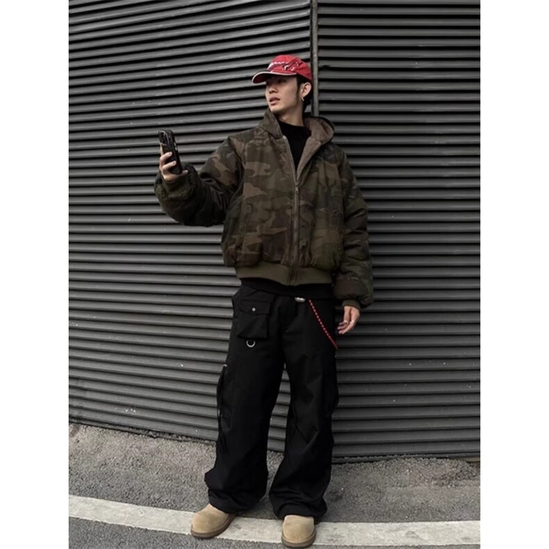 美式复古格纹迷彩连帽棉服男女秋冬季潮加绒工装外套,男装棉衣,四季星座505