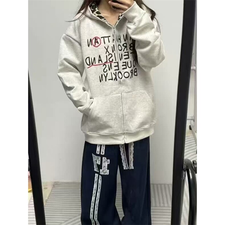 复古新款豹纹猫耳连帽卫衣字母印花宽松拉链开衫潮酷外套~WY8027,女装短外套,星座601-1