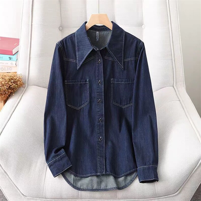 2025年秋季休闲长袖大尖领牛仔衬衣，女装衬衫，湘姗