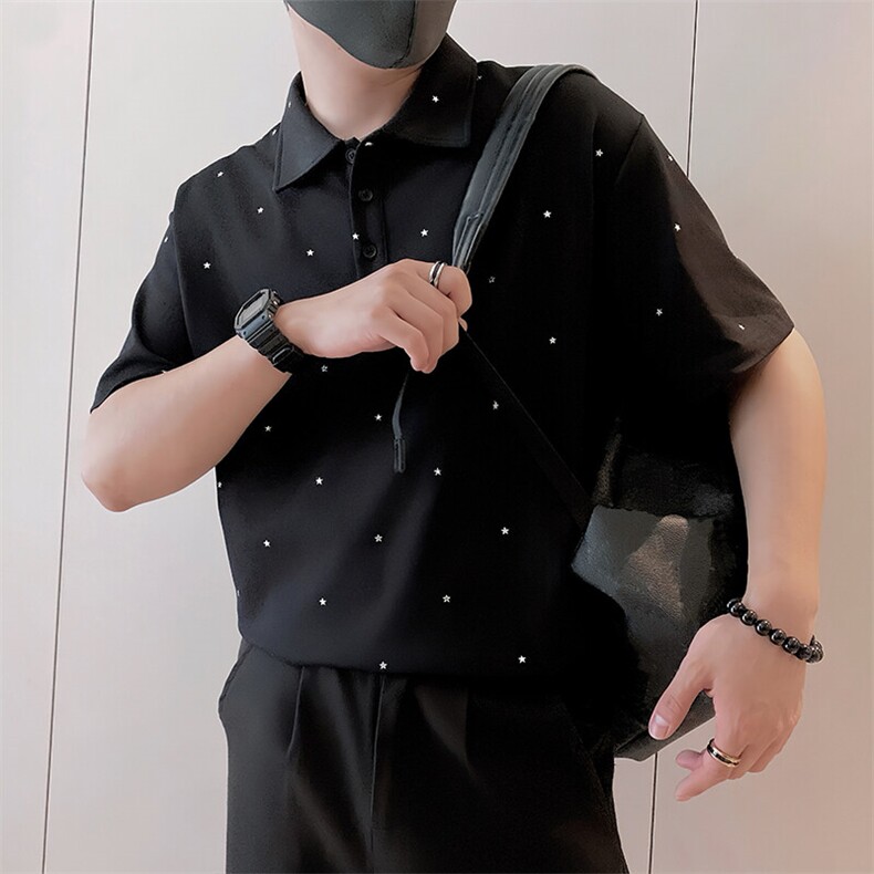 8953/P65控95夏季社会小伙轻奢Polo衫满天星烫钻翻领短袖男黑首1,男装T恤,星座305B