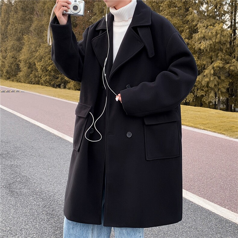 N6150/P115秋冬新双排扣长款过膝呢大衣男风衣毛呢料外套宽松呢子,男装毛呢大衣,电商A141