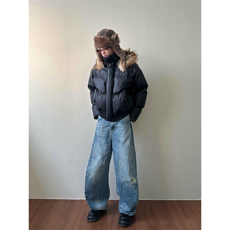 现货三防重磅硬挺boxy短款羽绒棉衣座山雕大毛毛领PU皮棉服外套冬,男装棉衣,电商A443