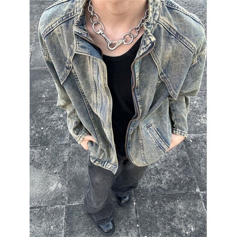 复古解构毛边水洗牛仔外套男士街头拉链立领机车夹克短款JB05,男装工装外套,星座1116A（原606A-3）