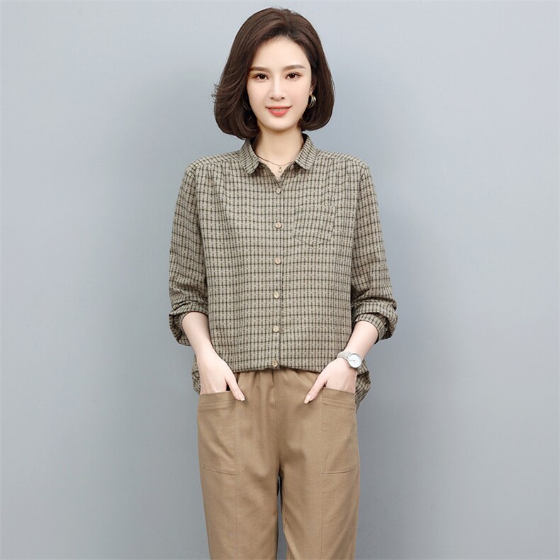 2025年春秋装新款潮小格子衬衫宽松显瘦韩版气质百搭衬衣女减龄,女装衬衫,独衣靓
