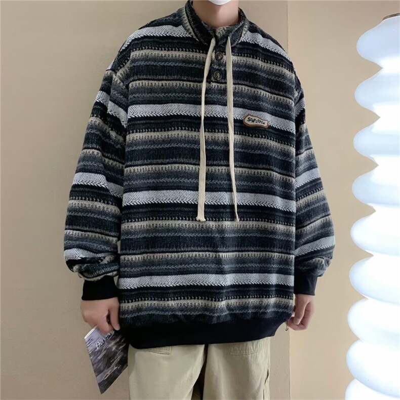 秋冬日系条纹宽松提花卫衣男潮流贴标情侣百搭针织上衣W5477-P38,男装针织衫/毛衣,星座512-2