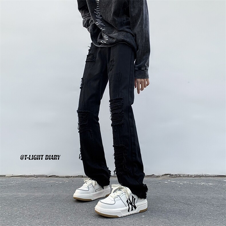B221美式ins高街小众假破洞修身微喇牛仔裤LK22065-P65控88,男装牛仔裤,电商B221