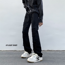 B221美式ins高街小众假破洞修身微喇牛仔裤LK22065-P65控88，男装牛仔裤，电商B221