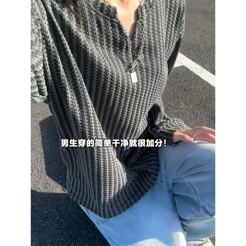 美式高街千鸟格子长袖T恤男女亨利V领英伦雅痞休闲宽松长袖打底衫,男装T恤,电商A443