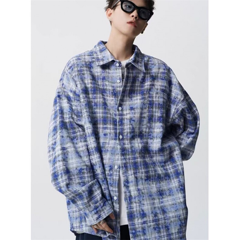 设计感扎染美式街头格子衬衫外套男女宽松防晒长袖衬衣C9020，男装防晒衣，星座1116A（原606A-3）
