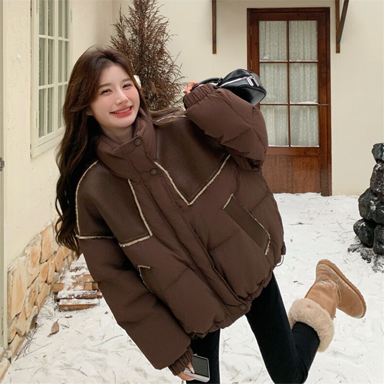 pu皮拼接羽绒服女冬季2025新款美拉德咖啡色面包服小个子流行,女装羽绒服,2D143
