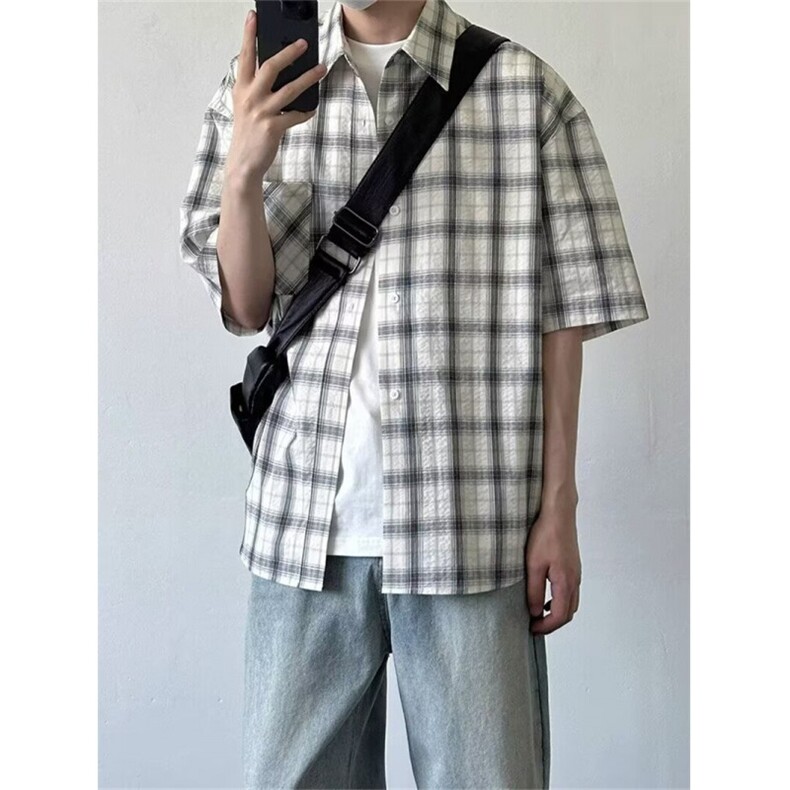 新款格子衬衫短袖男夏季学院风宽松衬衣休闲百搭外套潮LC2199-p37,男装T恤,星座1008