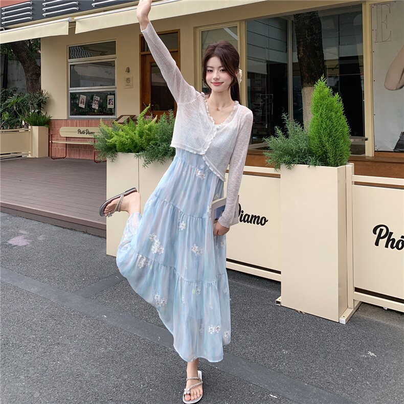 主推现货新款蓝色吊带配披肩连衣裙两件套P165-K245,女装套装/套裙,网红馆