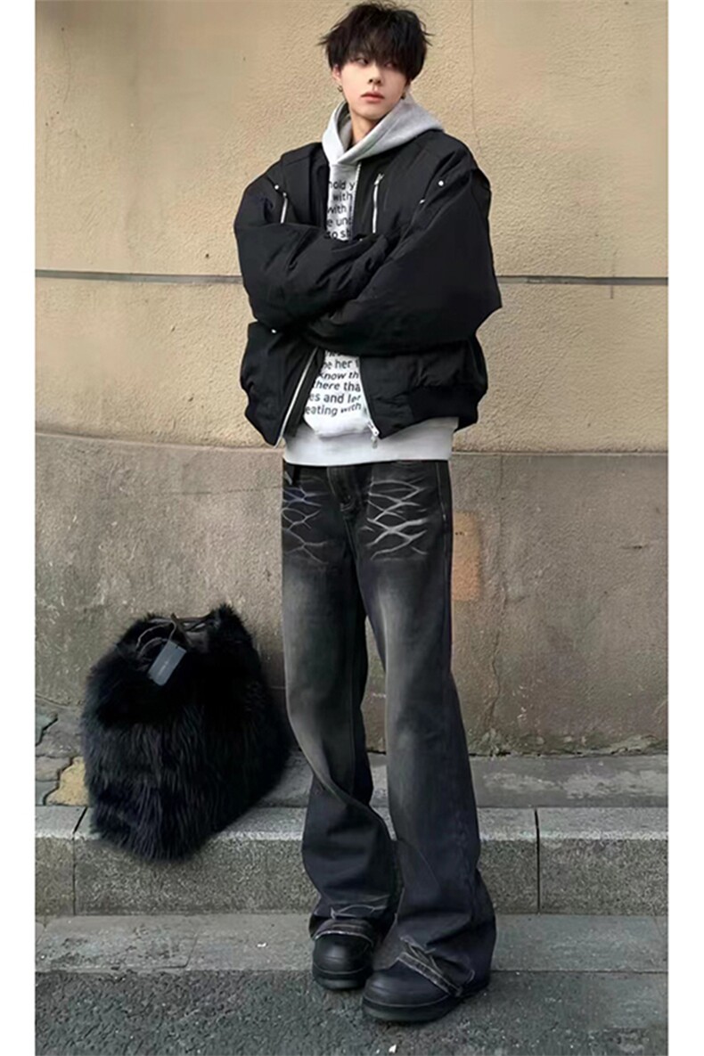 美式ins高街hiphop重工艺水洗暗黑微喇牛仔裤货号K2401P60,男装牛仔裤,电商A063