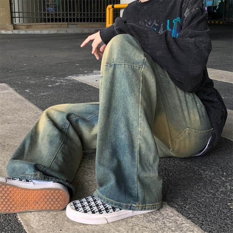 水洗做旧牛仔裤男春秋美式复古宽松阔腿直筒痞帅长裤子N01061-P43,男装牛仔裤,星座308B-2