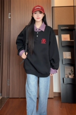 美式学院刺绣翻领假两件卫衣男女cp199-特p55，男装卫衣，电商B371