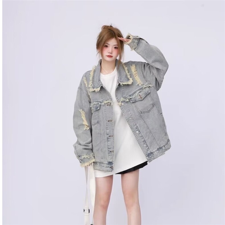 新款美式高街oversize水洗做旧破洞牛仔外套女夹克潮LJK89200-p58图片