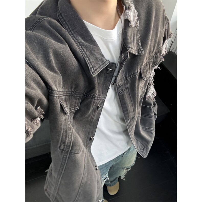 JK629-p70-限价98 现货破洞港风大码肥仔牛仔外套ins宽松夹克图片