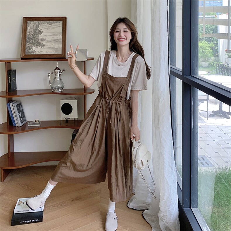 时尚套装女夏季休闲洋气减龄显瘦短袖T恤背带阔腿裤两件套,女装套装/套裙,维壹