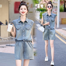 牛仔短裤套装女2025夏新款松弛感欧货时尚洋气休闲无袖衬衫两件套，女装套装/套裙，贵人树