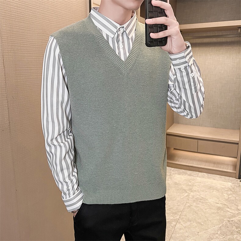2025男士假两件卫衣衬衫领新款刺绣针织打底衫CS19-P6898,男装T恤,电商B278