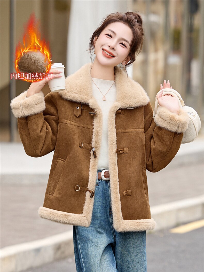 皮毛一体羊羔毛外套女2025秋冬新款小个子加厚牛角扣短款加厚外套,女装羊羔毛/颗粒绒,拾衣