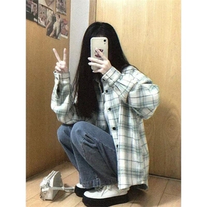 甜美风绿色格子春秋衬衫新款复古设计感百搭小众衬衣上衣潮 CYC93图片