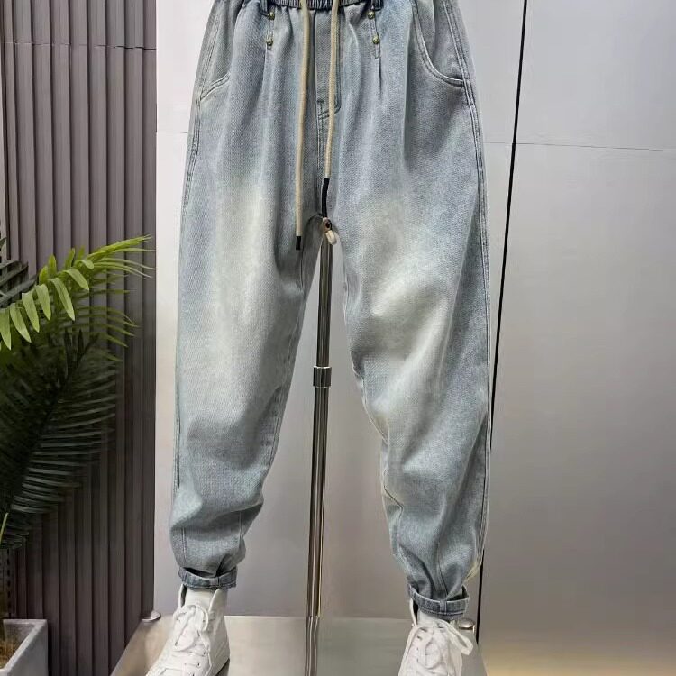 25春夏薄款复古水洗牛仔裤男美式宽松痞帅小脚哈伦裤休闲老爹裤潮图片