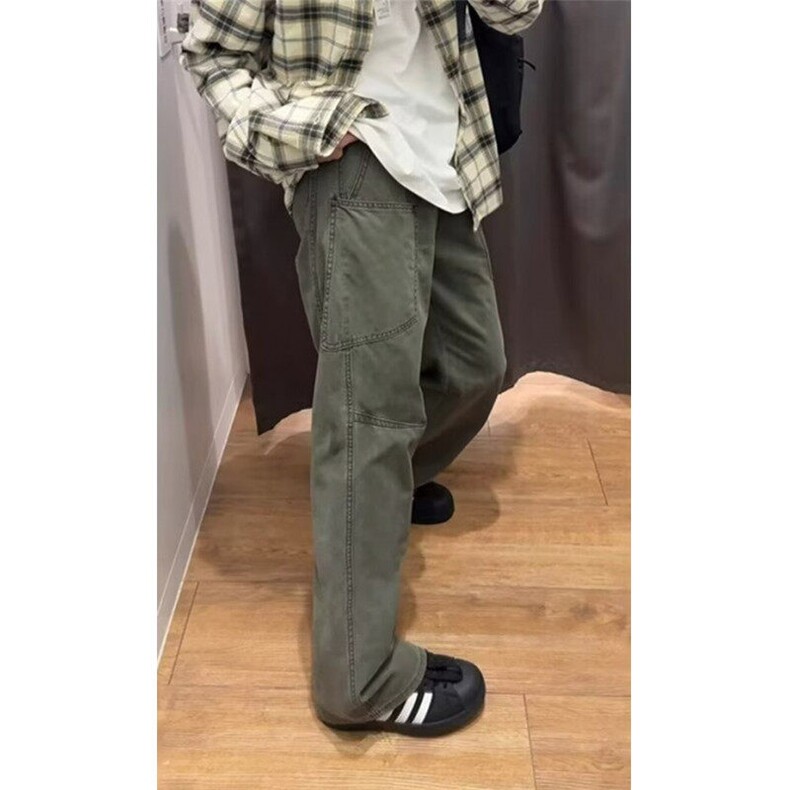 复古美拉德水洗多口袋拼接工装裤男直筒宽松阔腿休闲长裤 KD807图片