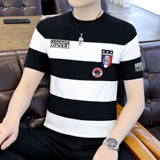 中老年爸爸夏装短袖t恤透气撞色条纹宽松休闲夏季男士Polo衫，男装T恤，电商B212（原钱塘6029）
