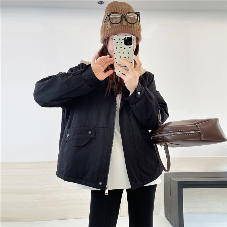 冬季加绒派克服棉衣女2025新款小个子针织连帽休闲工装棉衣外套,女装棉衣/棉服,江忆布依