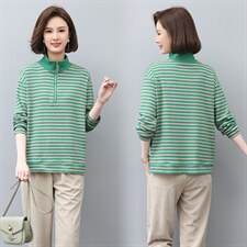 2022秋季新款半开条纹卫衣时尚优雅套头长袖休闲立领卫衣，女装卫衣/绒衫，独衣靓