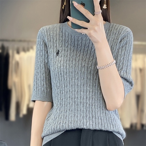 时尚百搭秋冬新款精纺圆领针织短袖毛衫 显瘦修身女士羊毛衫图片