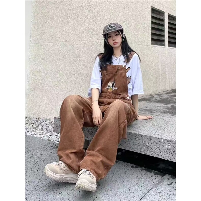 美式复古棕色汉堡刺绣背带裤女宽松直筒裤显瘦牛仔裤连体裤ins潮，男装牛仔裤，星座506A