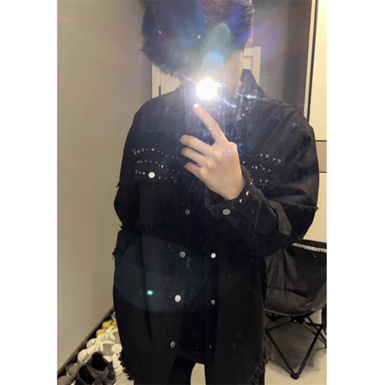 cleanfit黑色短款外套男潮高级感痞帅小众设计感流苏铆钉牛仔夹克,男装夹克,星座506A