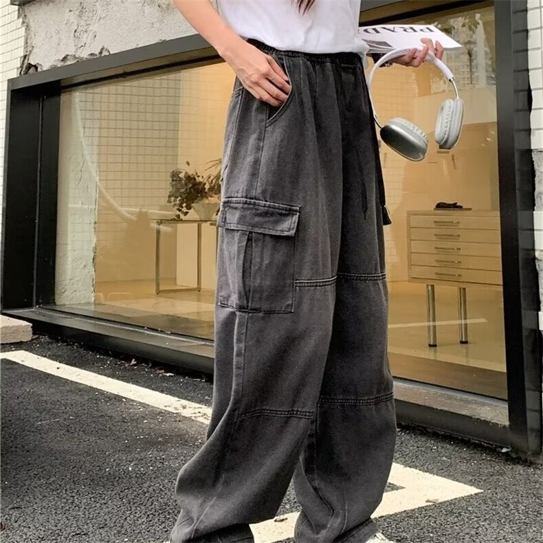 高腰阔腿牛仔裤男女小个子黑色工装裤休闲百搭美式直筒裤8023/P65,男装牛仔裤,星座506