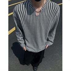 美式高街千鸟格子长袖T恤男女亨利V领英伦雅痞休闲宽松长袖打底衫，男装T恤，电商A443