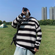 秋冬季潮流日系高级感条纹毛衣男慵懒风套头针织衫线衣M870-P41，男装针织衫/毛衣，星座512-2