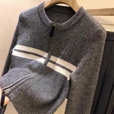 女士秋冬圆领坑条双拉链羊毛开衫羊毛，女装羊毛衫，鑫之绒