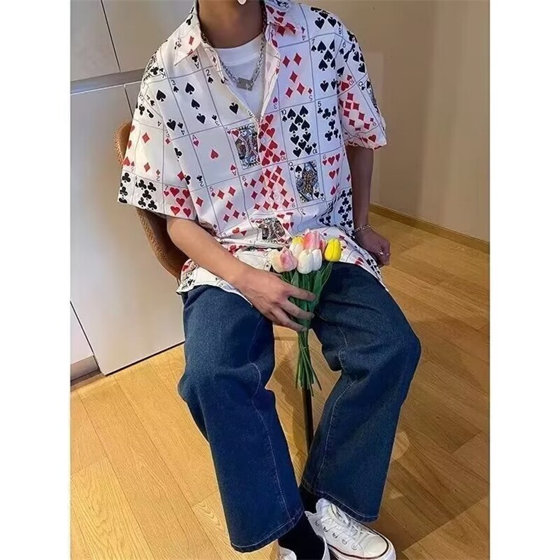 麻将衣服扑克牌大码宽松情侣嘻哈短袖麻将花衬衫复古港风日系男女,男装衬衫,星座1210-1